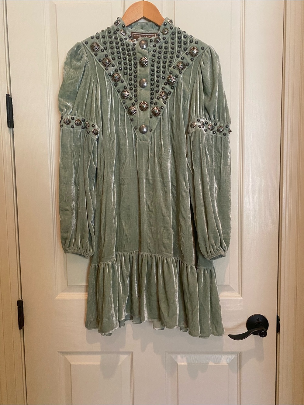 Double D Ranch Sage Velvet Embroidered Ruffle Mini Dress - Picture 2 of 6